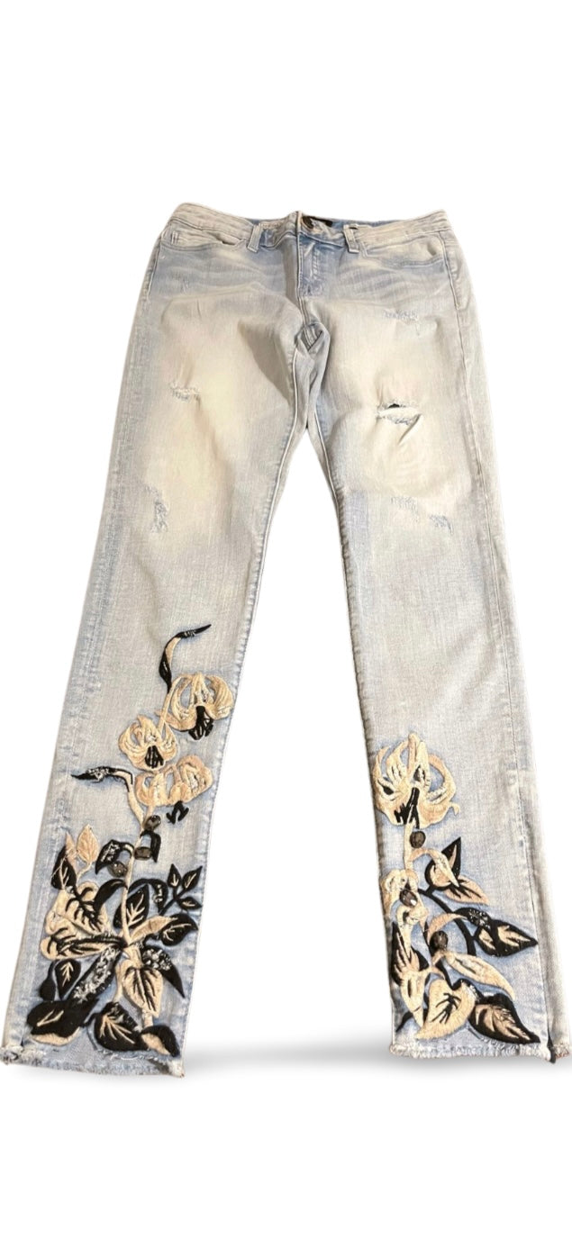 Jeans donna Fracomina denim chiaro ricami floreali boho chic