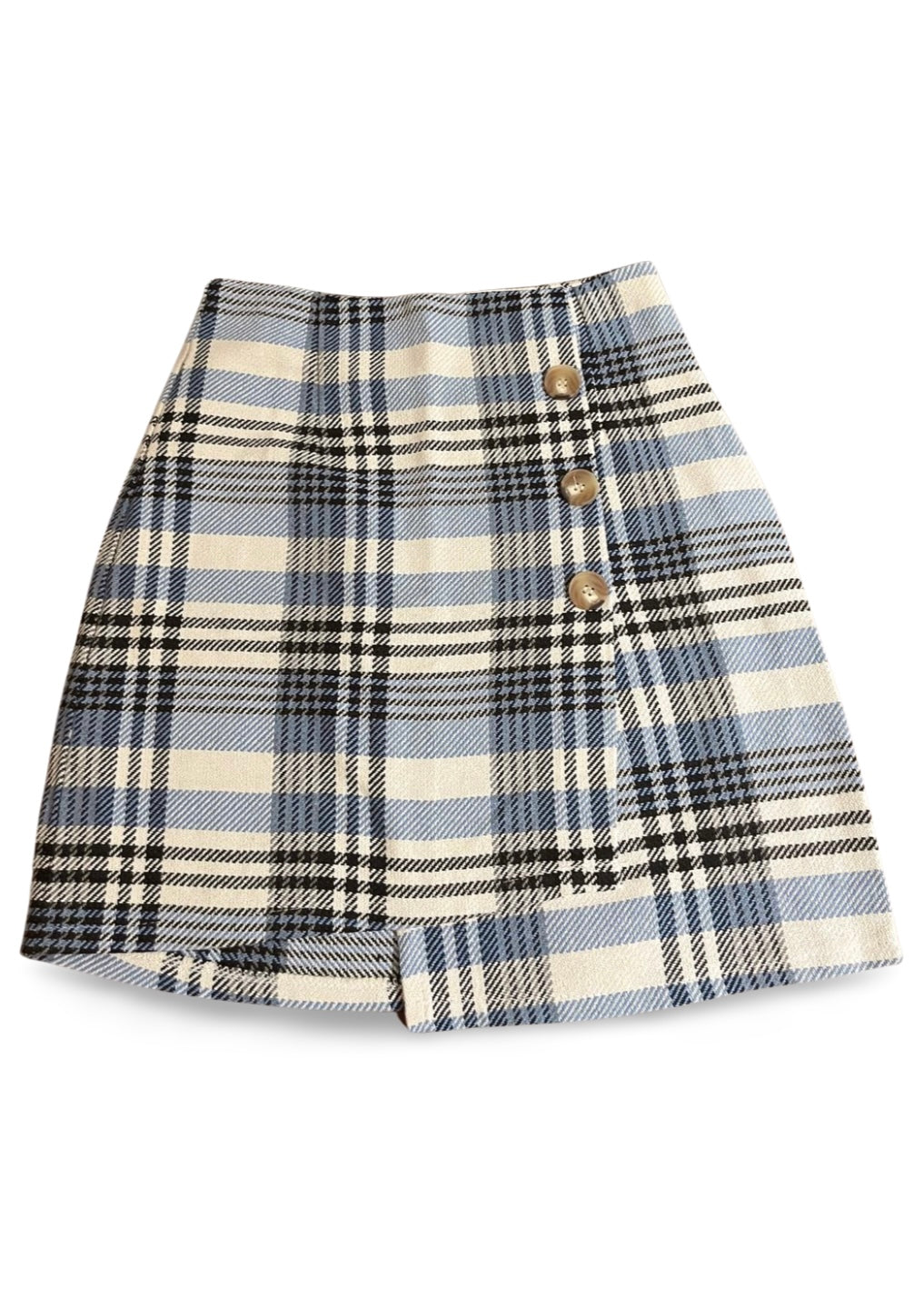 Minigonna scozzese a quadri azzurro e bianco in stile tartan