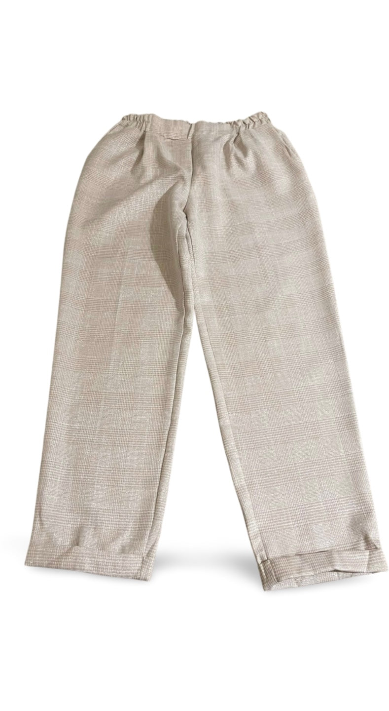 Pantaloni eleganti motivo principe di Galles con filato lurex color panna dorato