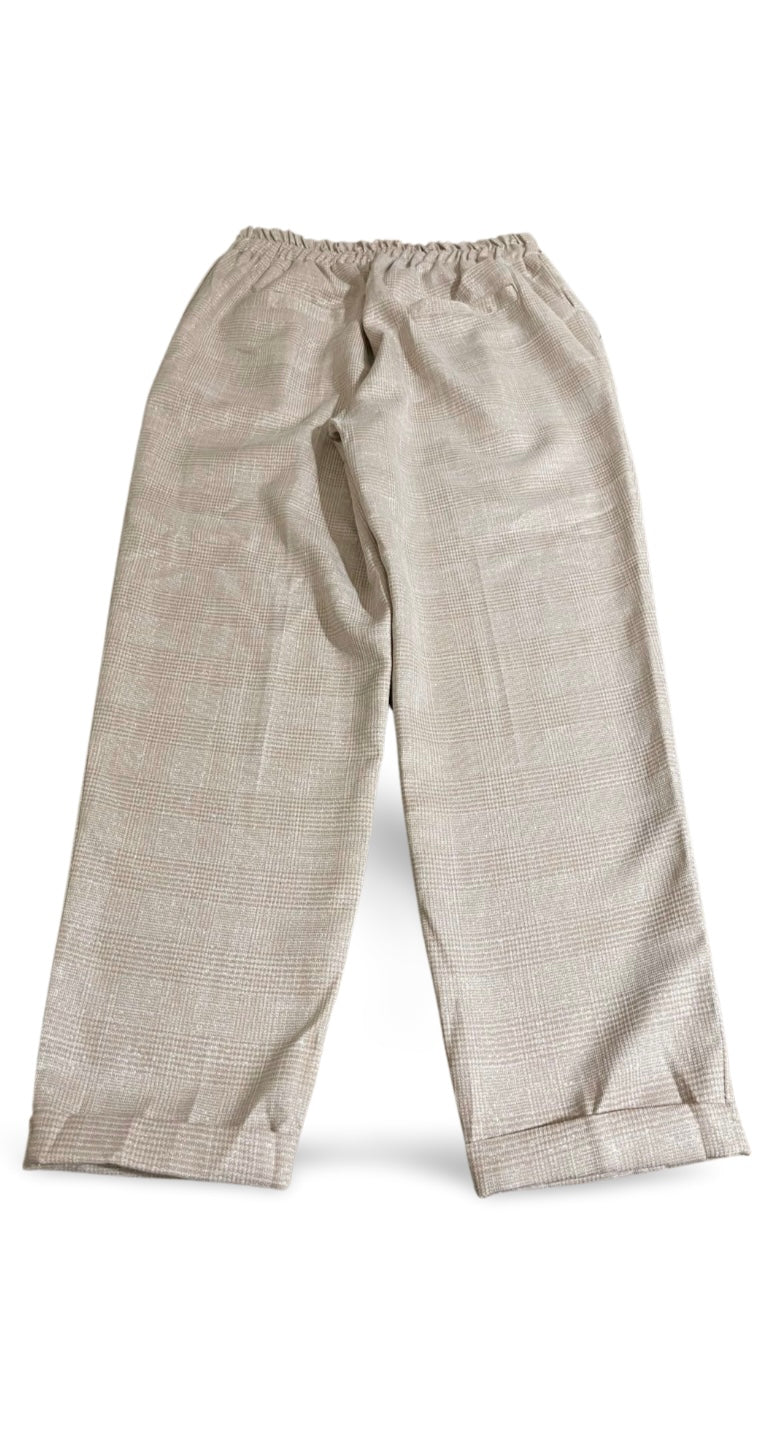 Pantaloni eleganti motivo principe di Galles con filato lurex color panna dorato
