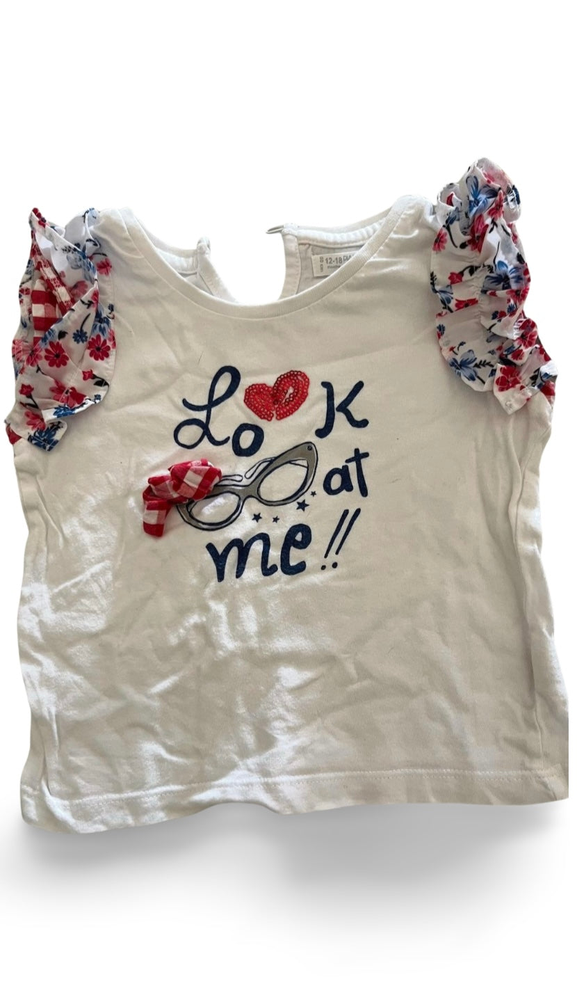 Maglietta bianca bambina con scritta Look at me e maniche floreali