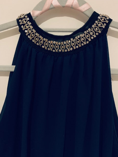Midnight blue top with necklace